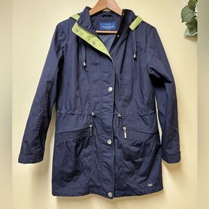MACKINTOSH Rain Coat Hooded Nautical Navy & Lime Green - Small